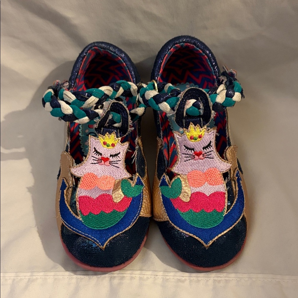 Irregular Choice Kids Shoes with Mermaid Cat Design in Blue and Pink